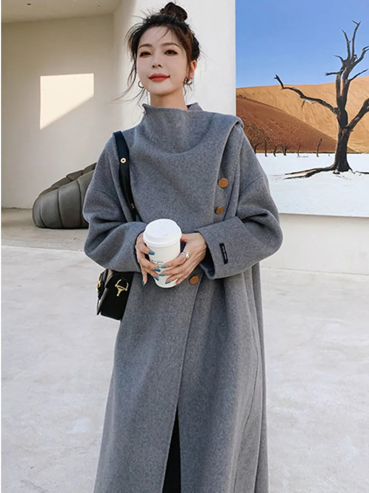 Scarf Collar Woman Cashmere Coat Thick Cardigan Single Breasted Full Sleeve Solid Color Vintage Style New