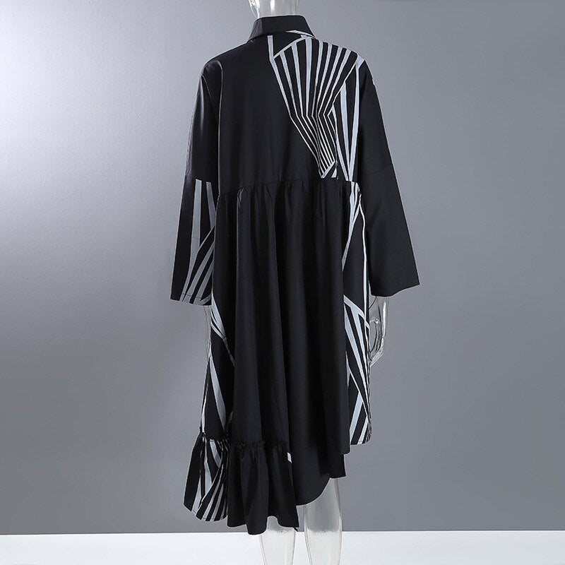 Spring New Plus Size Loose Turn Down Collar Full Abstract Print Irregular A Line Woman Dress