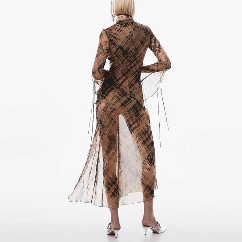 Vintange Print Boho Long Dresses for Women Translucent Sexy Midi Dress Woman Long Sleeve Casual Female Party Dress