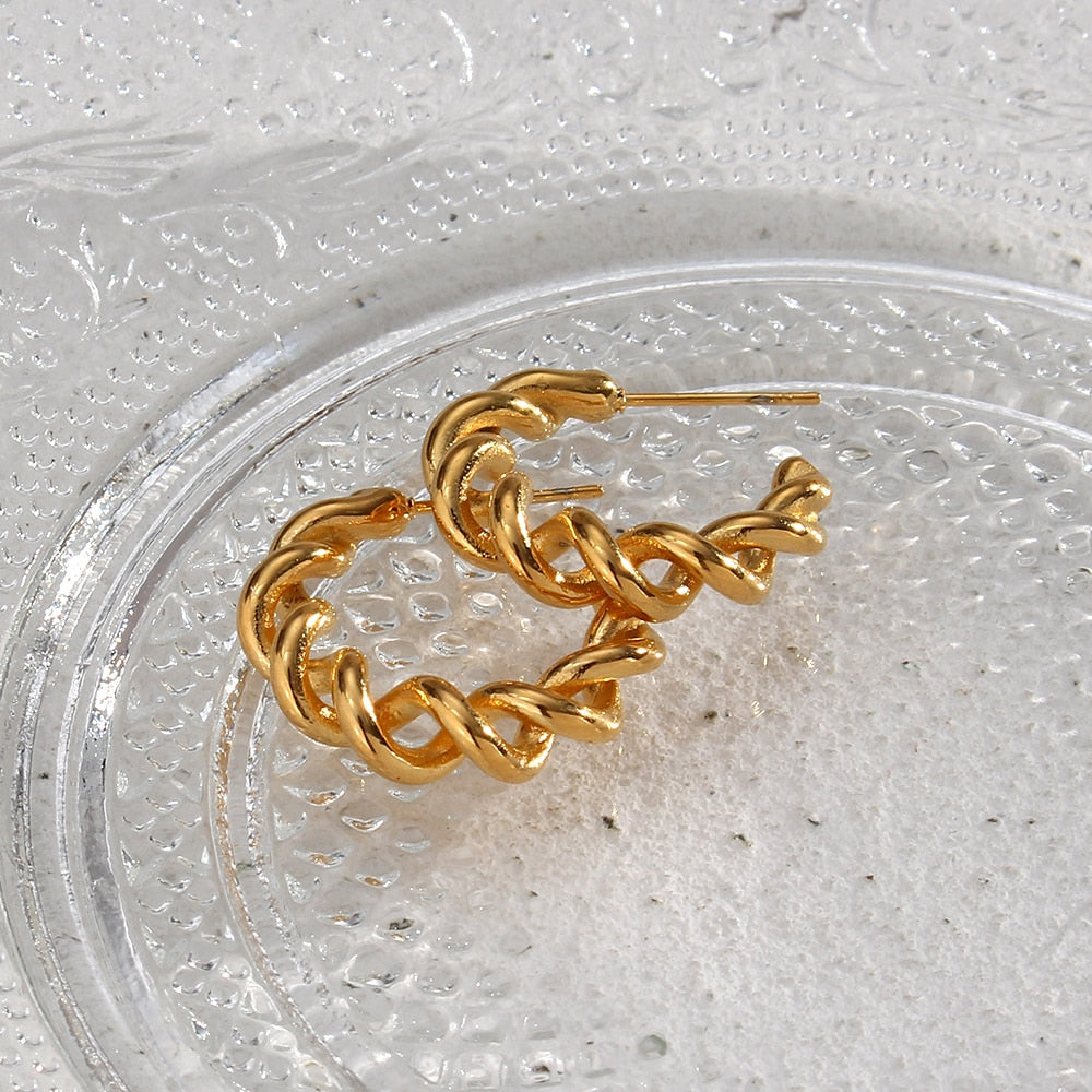 18K Gold Plated Jewelry Tarnish Free Stainless Steel Creative Twisted Hollow Hoop Earrings For Woman