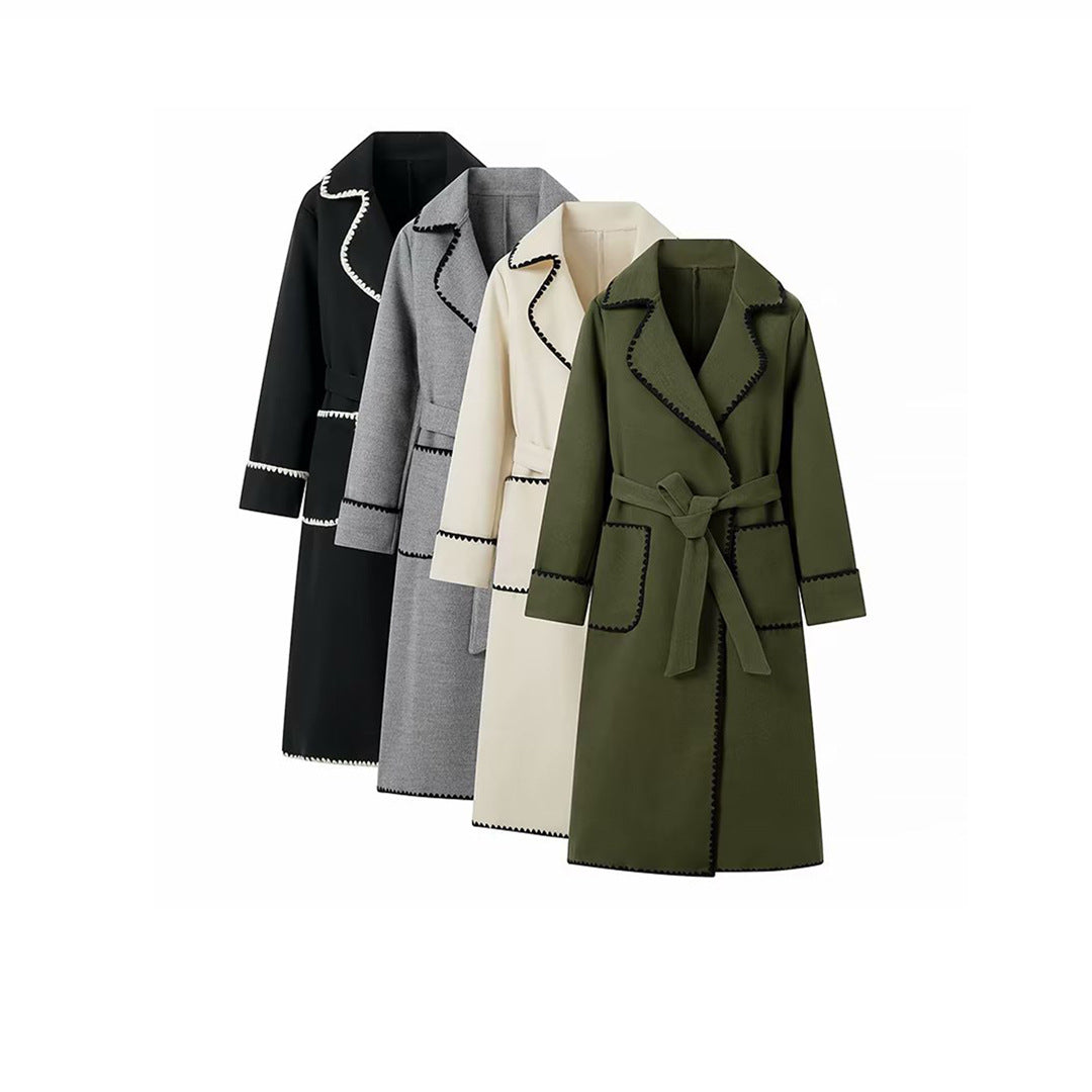 Woman Fashion Woolen Coat Casual Slim Turn Down Collar With Belt Double Pockets Trench