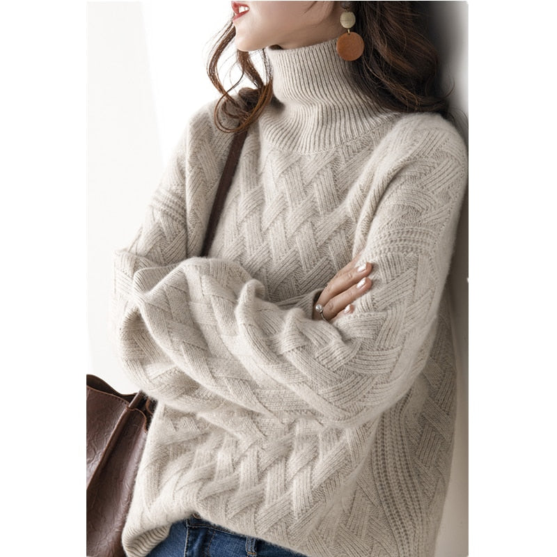 Autumn and winter turtleneck cashmere sweater woman  new style languid breeze loose thick pullover underlay wool sweater