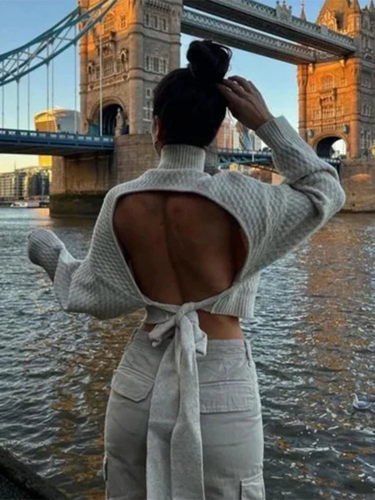 Sexy Backless Lace Up Knitted Sweater Woman Solid Turtleneck Long Sleeve Jumper Pullover  Spring Female Elegant Street Tops
