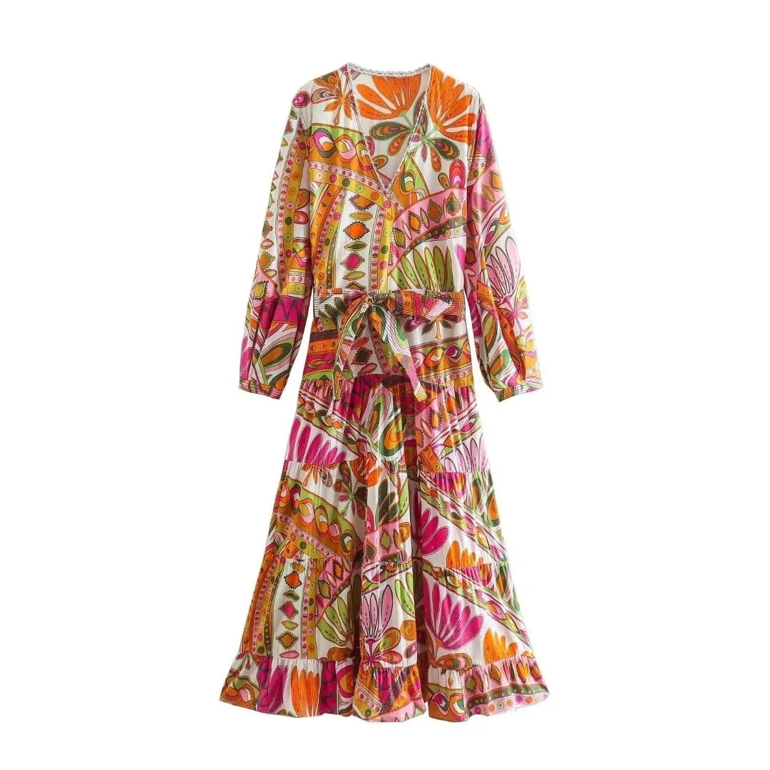 Woman Dress New Fashion Print Elegant Dresses For Women With Belt Vintage Casual Female Party Dresses