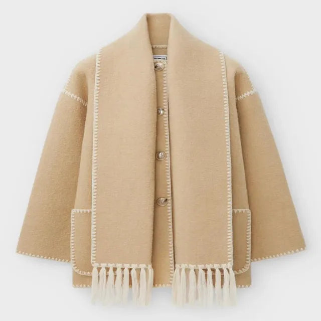 Tassel Scarf Collar Jacket For Woman Autumn Woolen Embroidery Single Breasted Pocket Coats Loose Casual Fashion Lady Office Coat