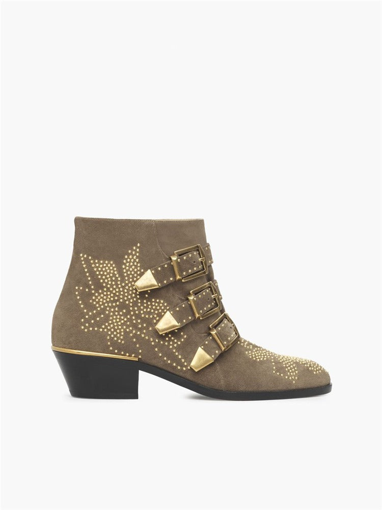 Studded Snake Skin Ankle Boots For Woman Buckle Strap Genuine Leather Chunky Heel Martin Boots Women Luxury