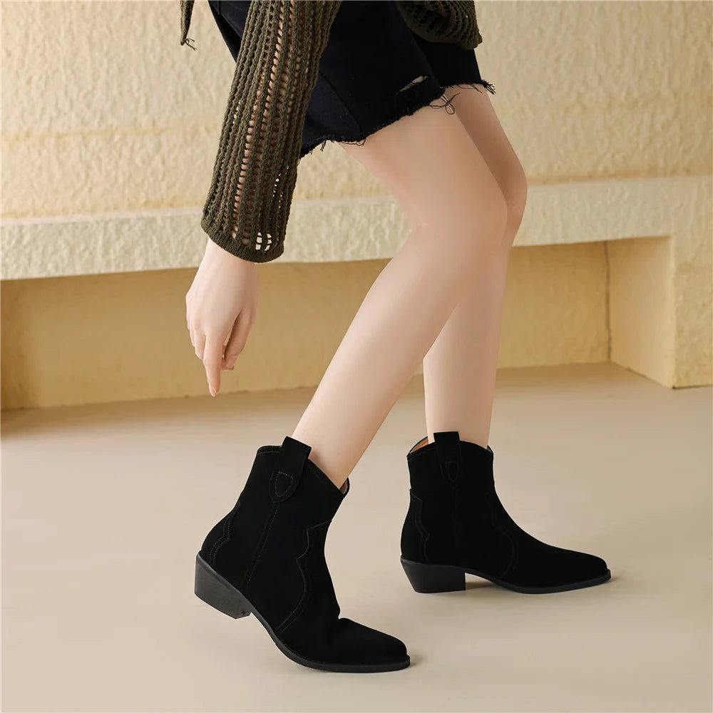 Vintage Thick Heels Women Ankle Boots Cow Suede Leather Retro Style Casual Office Lady Shoes Woman Autumn Winter Basic