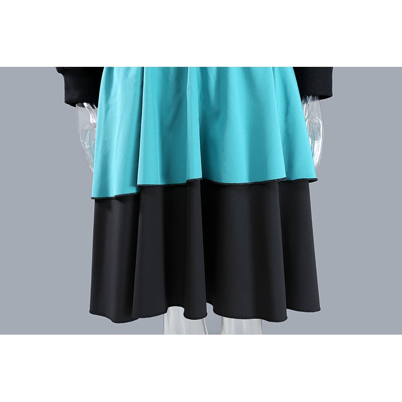 Woman Black Patchwork Dress O Neck Blue Ruffles Midi Ladies Cute Wear Casual Robe Femme Holida