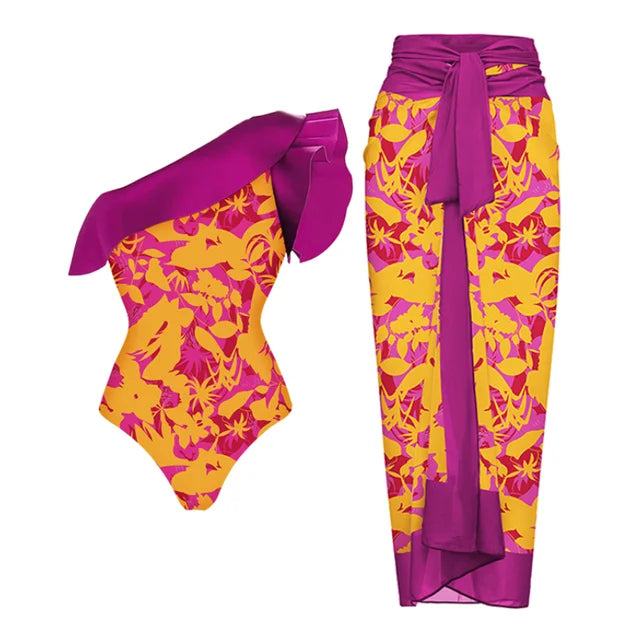 Women's swimsuit One Shoulder Ruffle Printed One Piece Swimsuit and Sarong  Beachwear Summer beach woman Swimwear