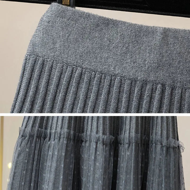 Women Tulle Patchwork Puffy Skirt Korean Style High Waist Knitted Dot Pleated Skirt Woman Spring Simple All-Match Short Skirts