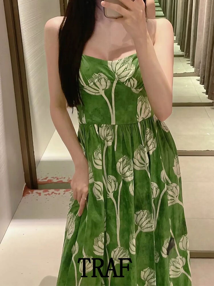 Woman Floral Printed Slip Long Dress Fashion Summer Backless Midi Dress Femel Casual Elegant Dresses