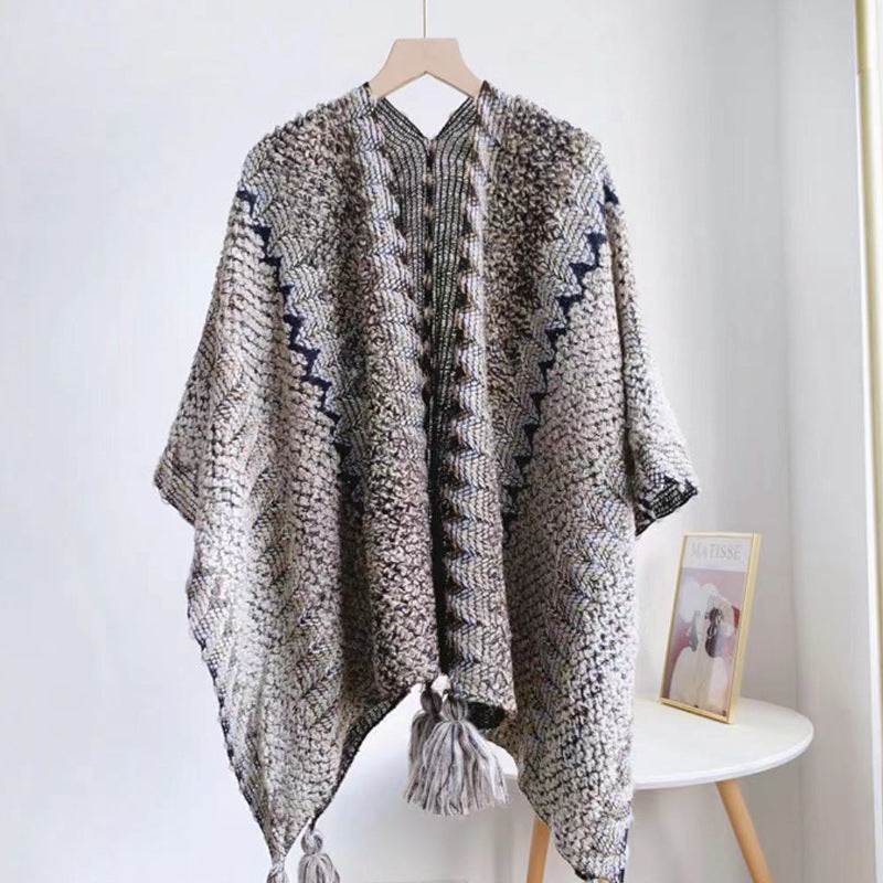 Female Fashion Vintage Casual Keep Warm Chic Tassel Slim Cardigan Sweater Coat Woman Elegant Stripe Knitting Coat