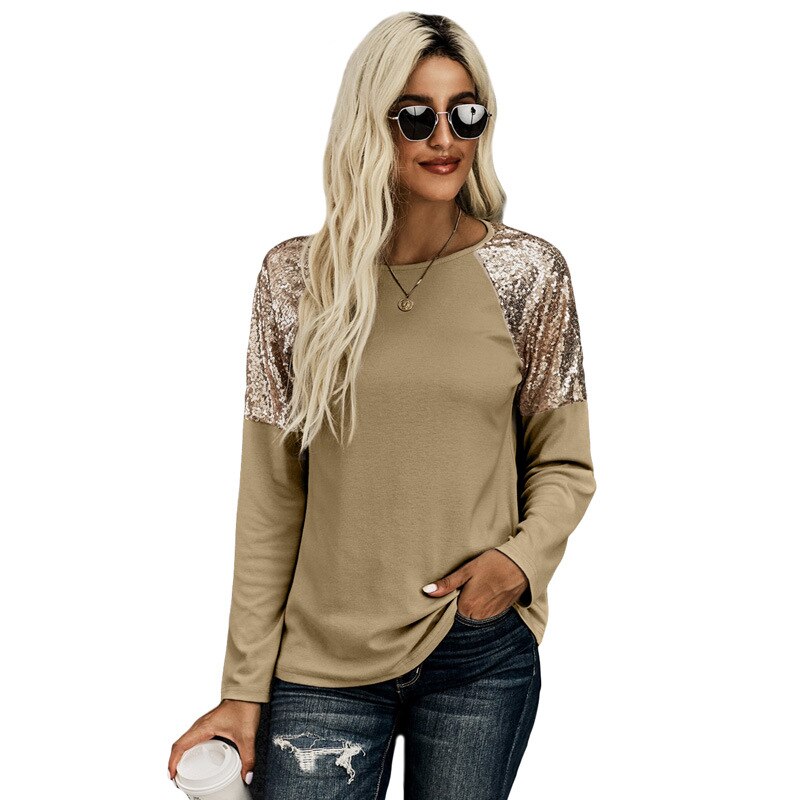 New Autumn Winter Hoods  Solid Sequin Stitching Round Neck Long Sleeve Casual Slim Woman Sweatshirts