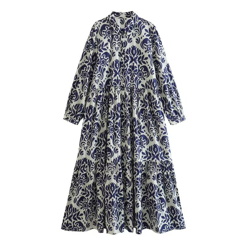 Women Fashion Printed Midi Dress Woman Vintage Lapel Front Button Ruffle Hem Female Chic Midi Dresses