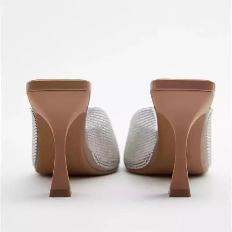 Clear Mules High heel Woman Transparent Rhinestone Heels Slingback Shoes High-heeled Sandals