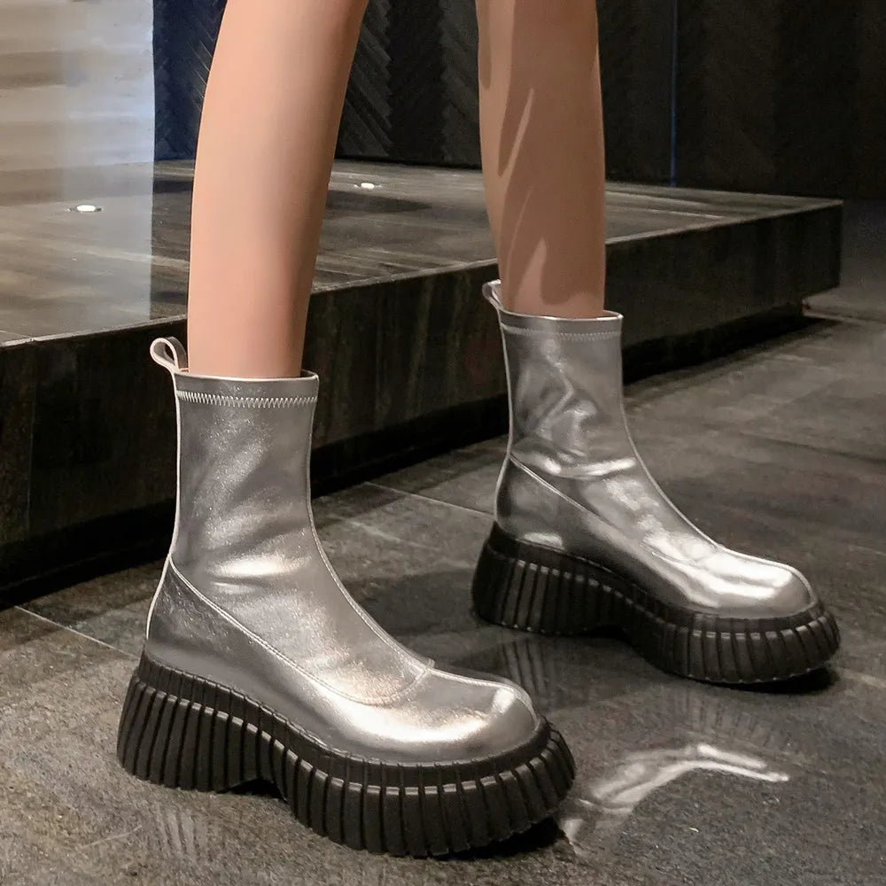 Fashion Platforms Women Stretch Short Boots  Autumn Winter Genuine Leather Casual Ankle Boots Round Toe Shoes Woman