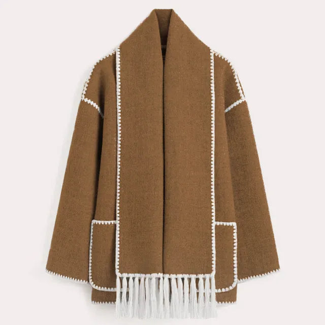 Tassel Scarf Collar Jacket For Woman Autumn Woolen Embroidery Single Breasted Pocket Coats Loose Casual Fashion Lady Office Coat