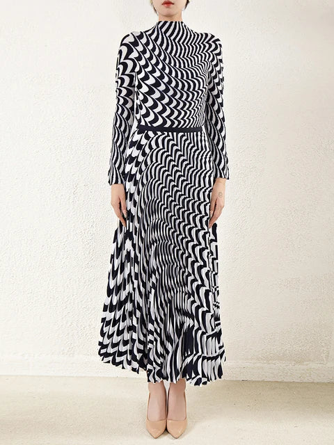 Fashion Print Woman Two Piece Set Pleated Long Sleeve Loose O-neck Office Lady Vintage Style
