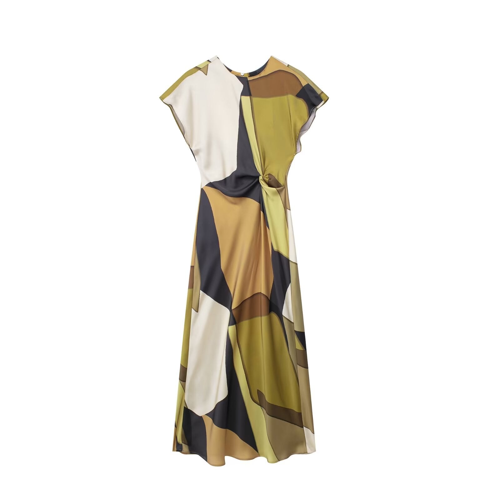 Woman Summer Fashion Long Dresses Print O-Neck Short Sleeve Back Hollow Out Button Female Vinatge Elegant Slim Dress