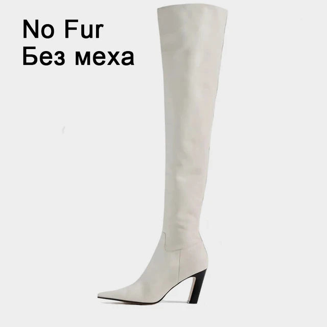 Size 34-43 Autumn Winter Women Over Knee-High Boots Pointed Toe Real Leather Heels Office Lady Shoes Woman Boots