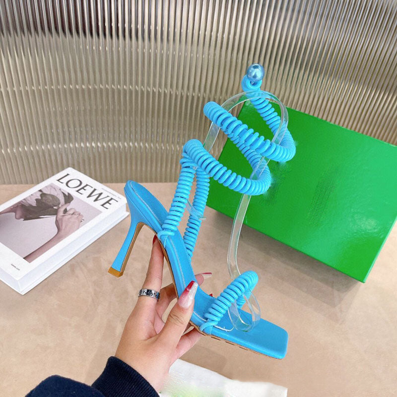 Green Phone cord Design High Heel Sandals Woman Square Open toe Stretch Ankle Winding Sexy paryt Shoes