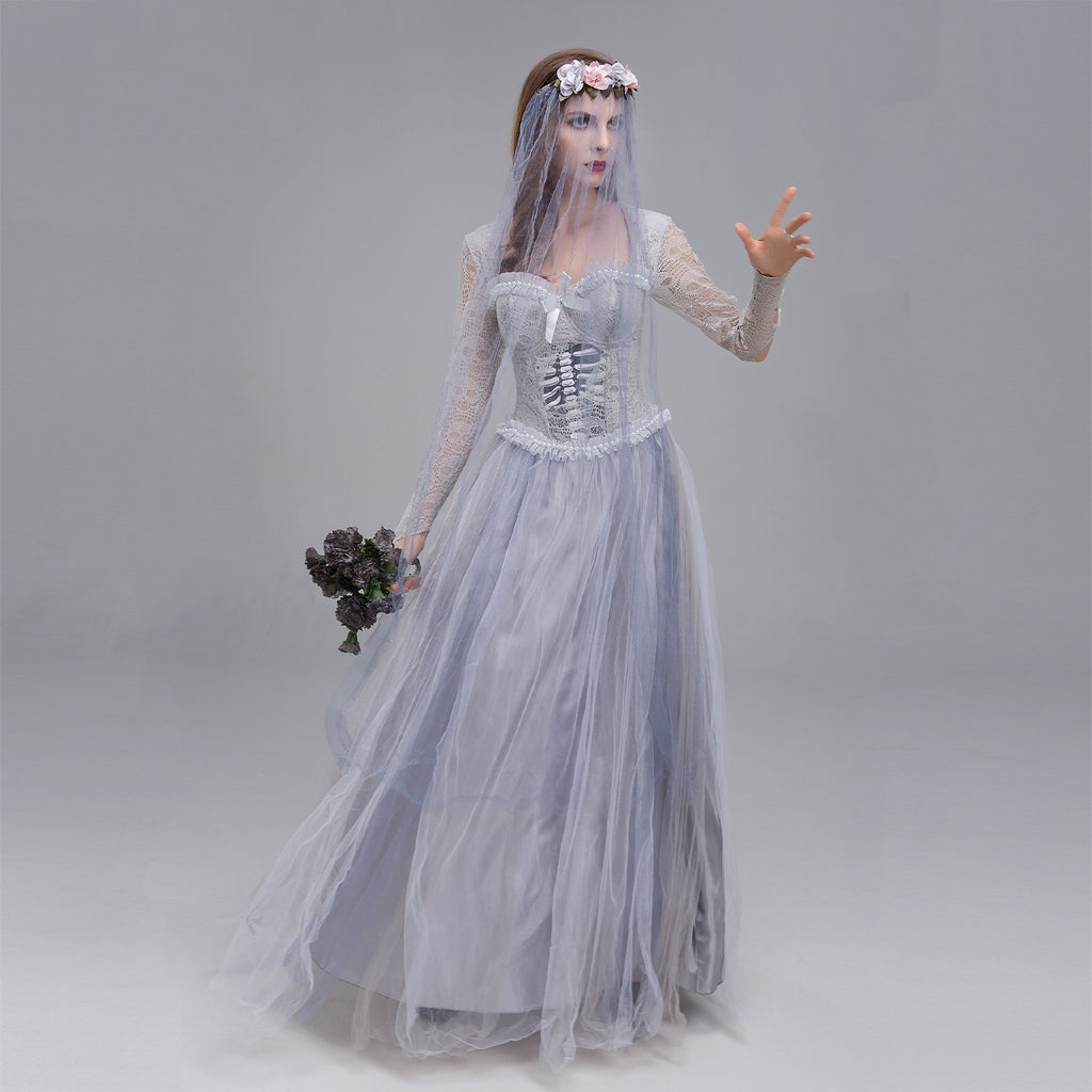 Halloween Costume Ghost Bride Dress Skull Horror Queen Costume Gray Ghost Woman Dress
