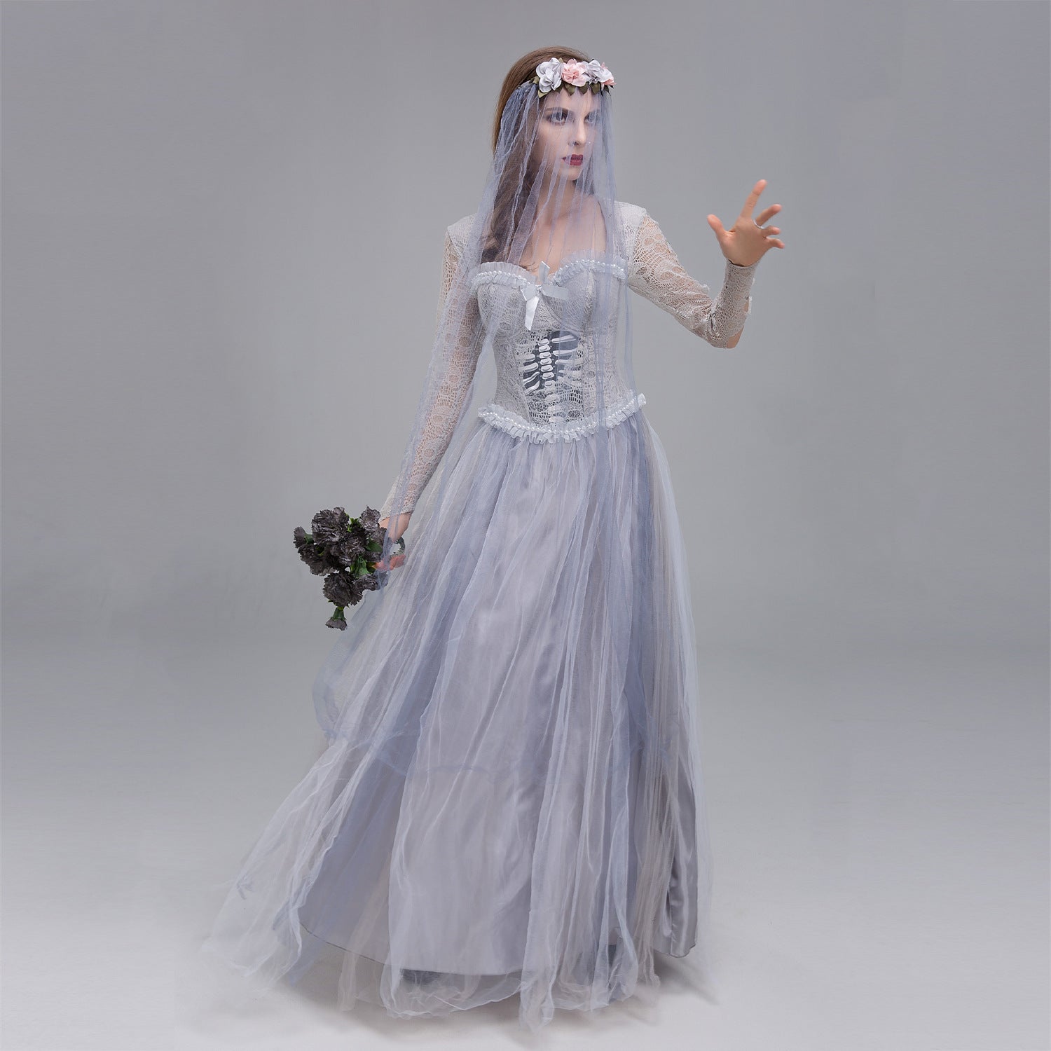 Halloween Costume Ghost Bride Dress Skull Horror Queen Costume Gray Ghost Woman Dress