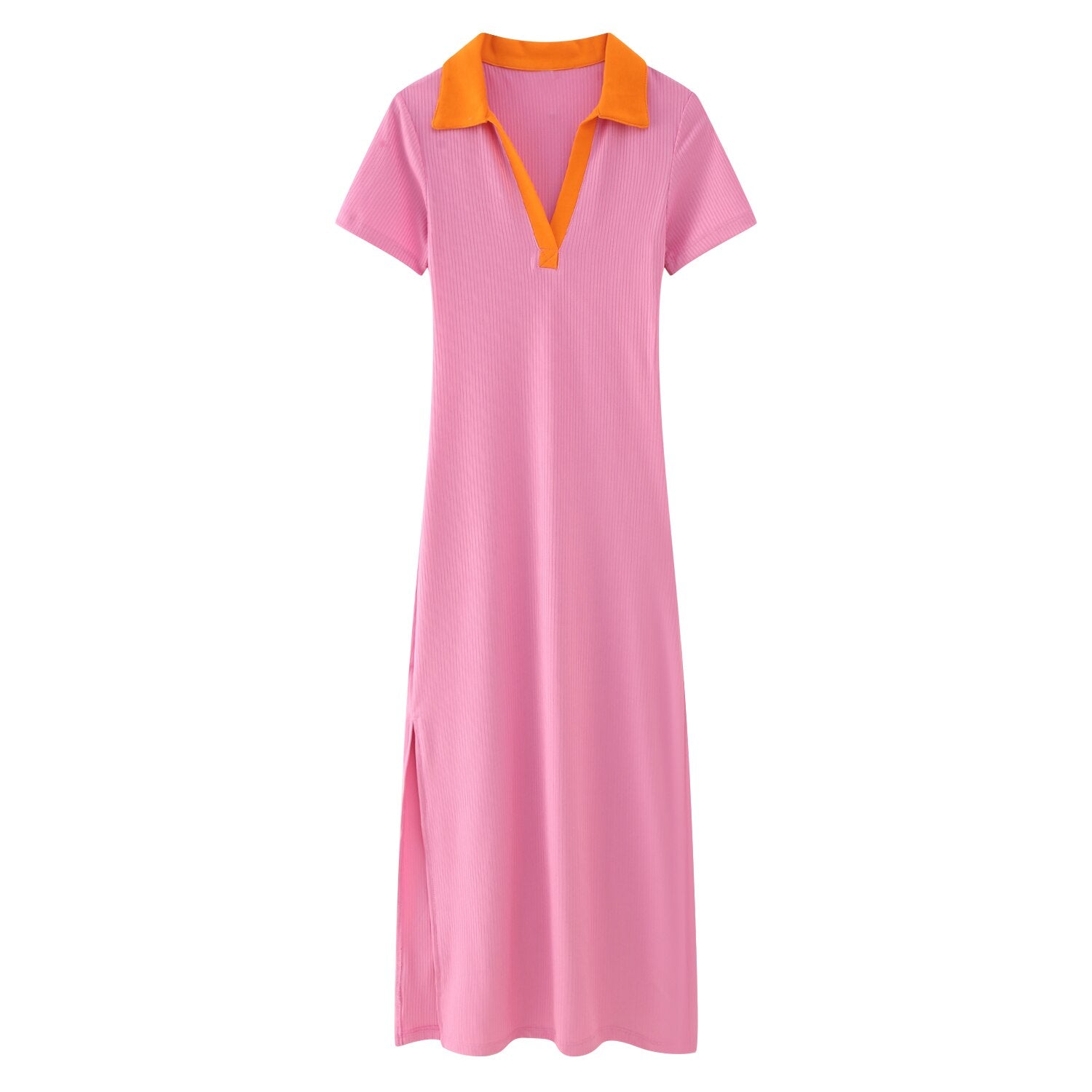 Women Fashion Rib Slim Fit Dress Woman Casual Versatile Polo Neck Short Sleeve Side Split Female Midi Dresses