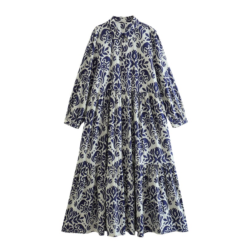 Women Fashion Printed Midi Dress Woman Vintage Lapel Front Button Ruffle Hem Female Chic Midi Dresses