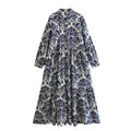 Women Fashion Printed Midi Dress Woman Vintage Lapel Front Button Ruffle Hem Female Chic Midi Dresses
