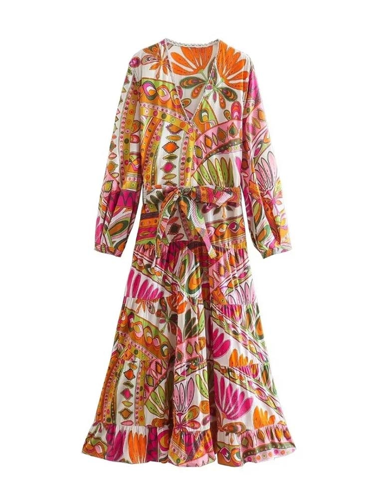 Woman Dress New Fashion Print Elegant Dresses For Women With Belt Vintage Casual Female Party Dresses