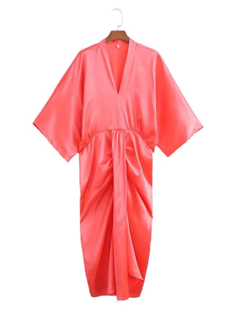 Women Summer Dress Fashion Satin Midi Dress Woman Bat Sleeve Ruched Female Party Dresses Vestidos Mujer