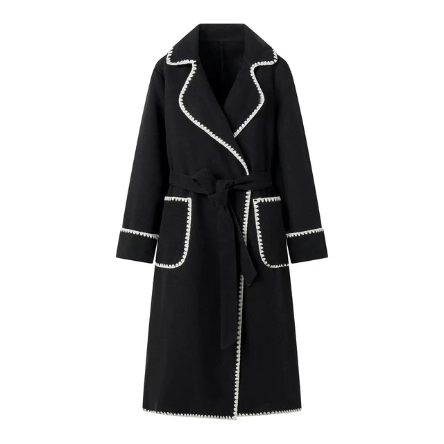Woman Fashion Woolen Coat Casual Slim Turn Down Collar With Belt Double Pockets Trench