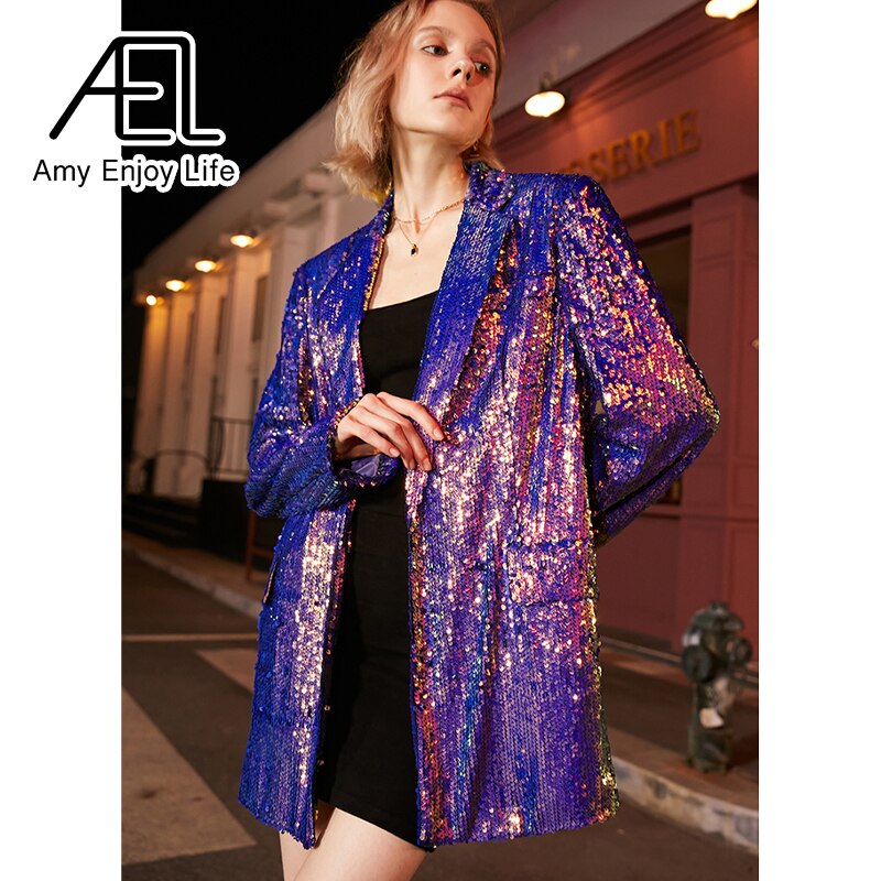 AEL Blue Glitter Gradient Blazer Woman Jacket Coat Fashion Loose Casual Spring Ladies Streetwear New