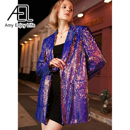 AEL Blue Glitter Gradient Blazer Woman Jacket Coat Fashion Loose Casual Spring Ladies Streetwear New