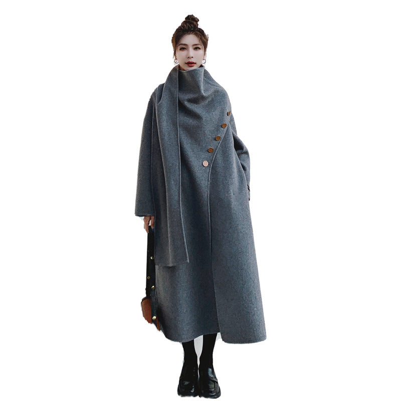 Scarf Collar Woman Cashmere Coat Thick Cardigan Single Breasted Full Sleeve Solid Color Vintage Style New