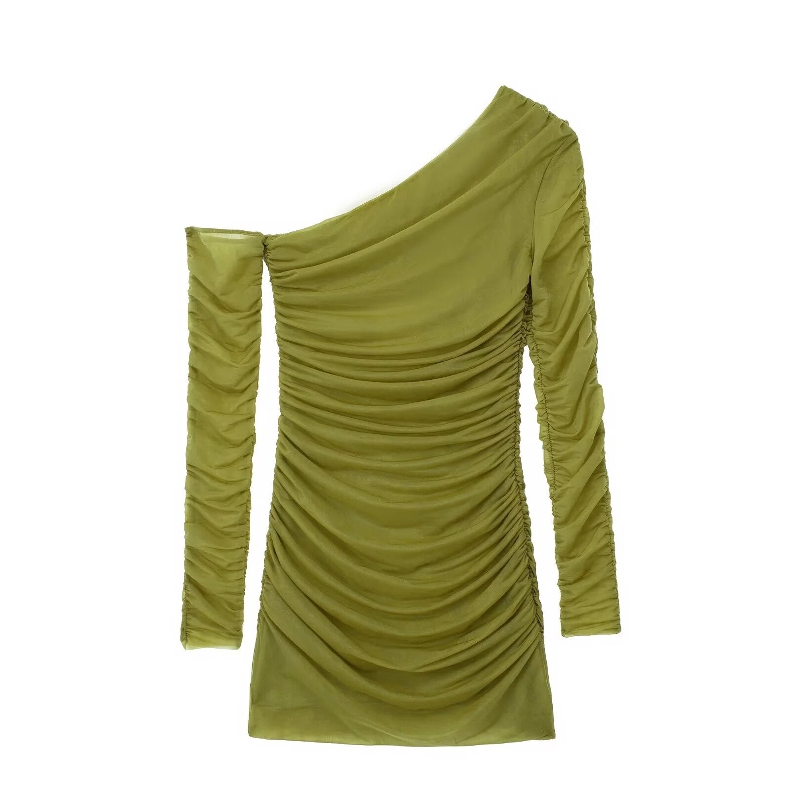 Women Fashion Gathering Organza Dress Woman Sexy Asymmetric Neckline Long Sleeve Female Chic Mini Dresses