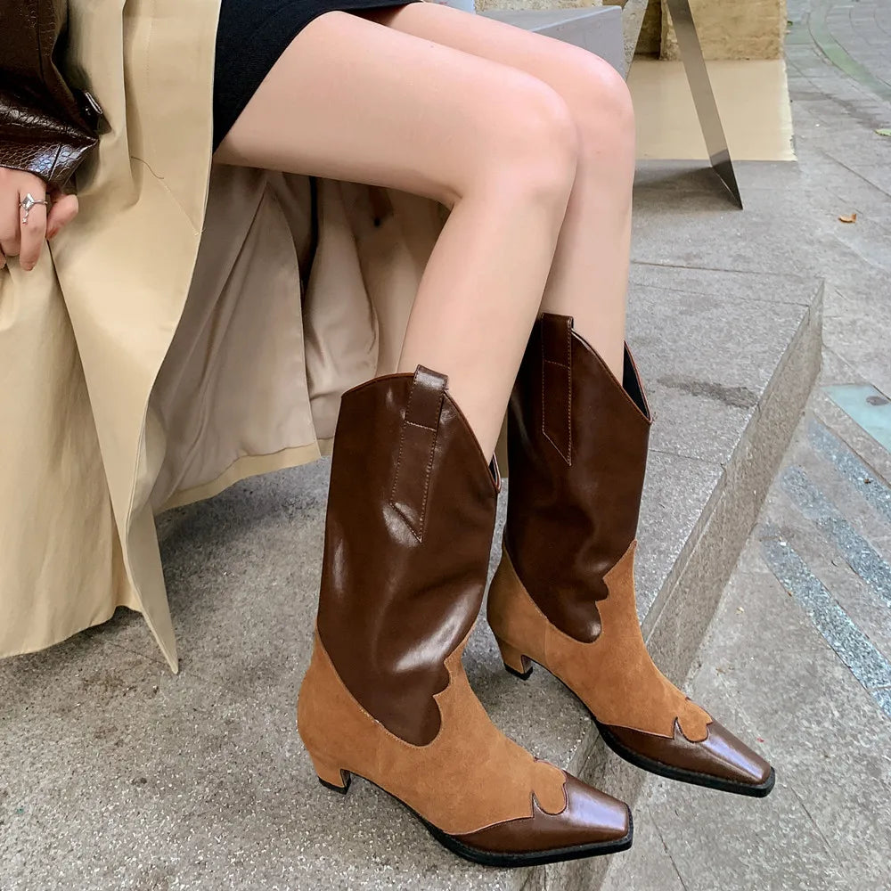 Mixed Colors Women Mid-Calf Boots Splicing Genuine Leather Western Short Boots Autumn Winter Casual Shoes Woman