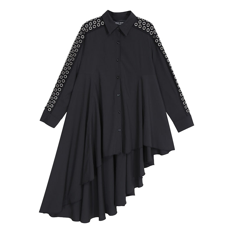 Woman Streetwear Solid Black White Blouse Sloping Hem Long Sleeve & Metal Holes Ladies Unique Style chemise
