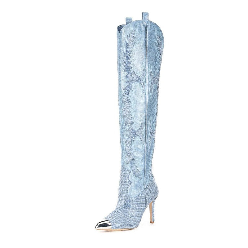New Crystal Shoes Woman Pointed Toe Over Knee High Boots Sexy Rhinestone Thin High Heel Boots Ladies Shoes