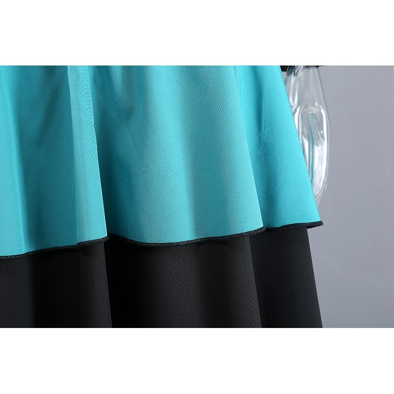 Woman Black Patchwork Dress O Neck Blue Ruffles Midi Ladies Cute Wear Casual Robe Femme Holida