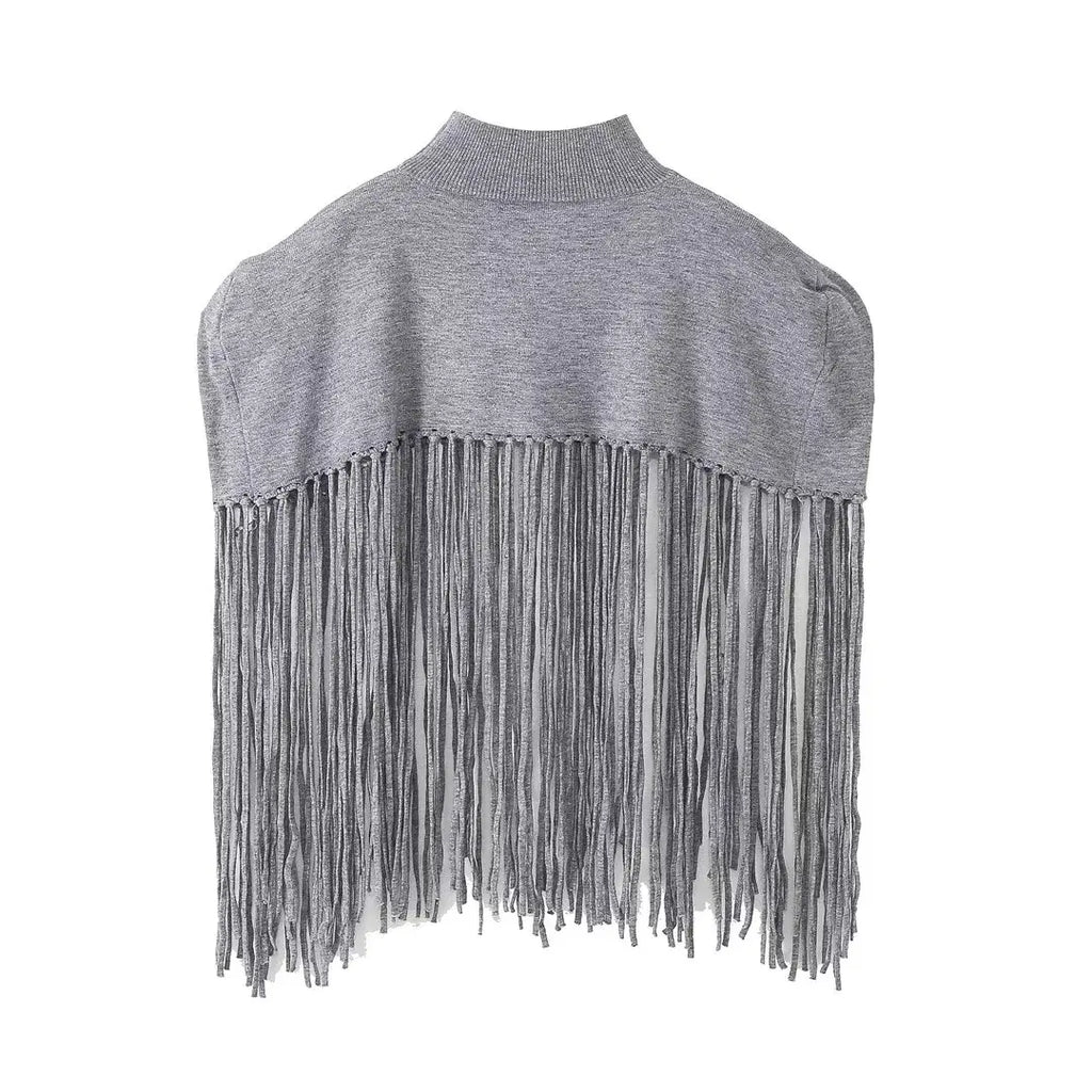 TRAF 2023 Knitted Tassels Poncho Coat Women Fashion Hollow Out Cropped Cape Coats Top Woman Autumn Jackets Casual Top
