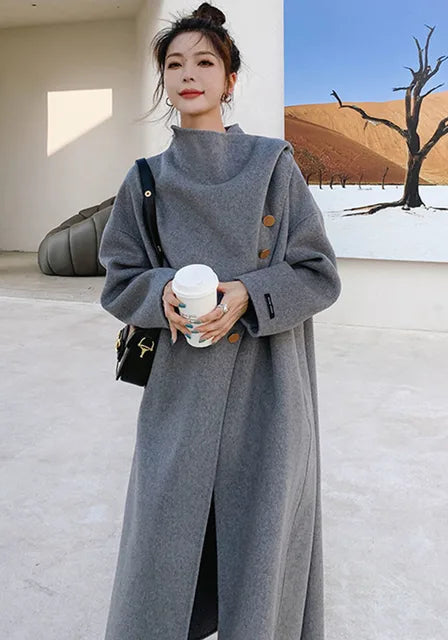 Scarf Collar Woman Cashmere Coat Thick Cardigan Single Breasted Full Sleeve Solid Color Vintage Style New