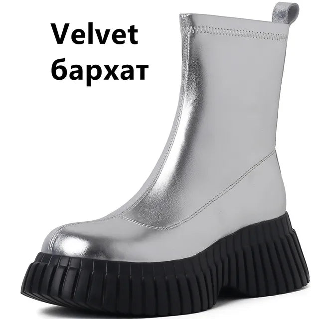 Fashion Platforms Women Stretch Short Boots  Autumn Winter Genuine Leather Casual Ankle Boots Round Toe Shoes Woman