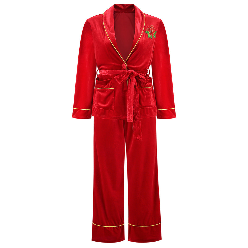 Korean Velvet Rose Embroidered Gold Pocket Home Suit Blouse Trousers Pajamas Woman