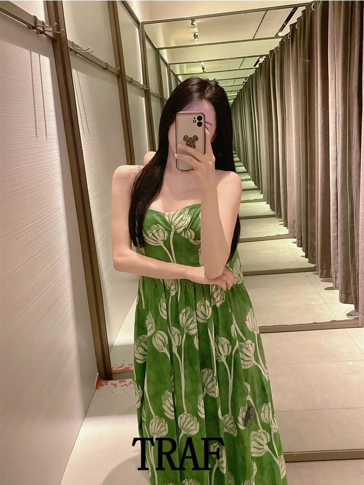 Woman Floral Printed Slip Long Dress Fashion Summer Backless Midi Dress Femel Casual Elegant Dresses