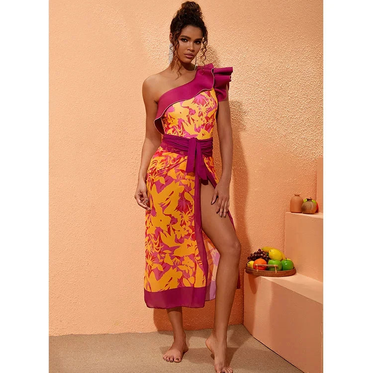 Women's swimsuit One Shoulder Ruffle Printed One Piece Swimsuit and Sarong  Beachwear Summer beach woman Swimwear