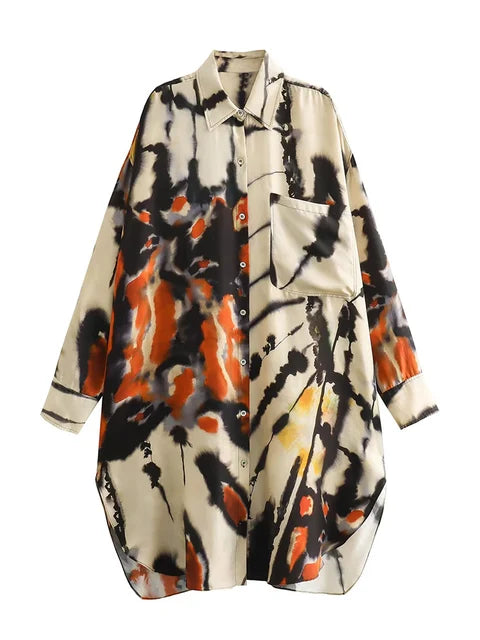 Woman Print Turn Down Collar Fashion Long Blouses Casual Slim Single Breasted Pocket