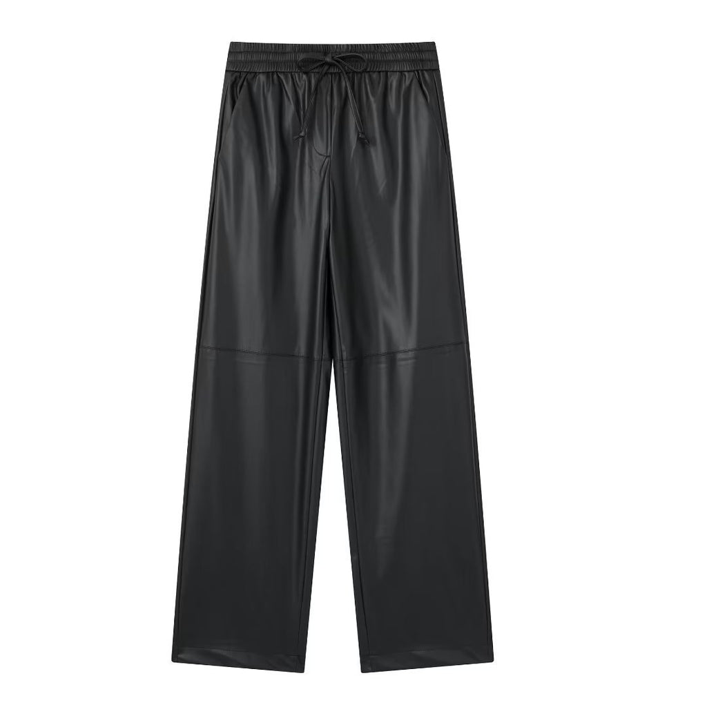 Autumn Fashion Women Elegant Side Pockets Drawstring Casual Joggings Long Pants Woman Black High Waist Faux Leather Pants