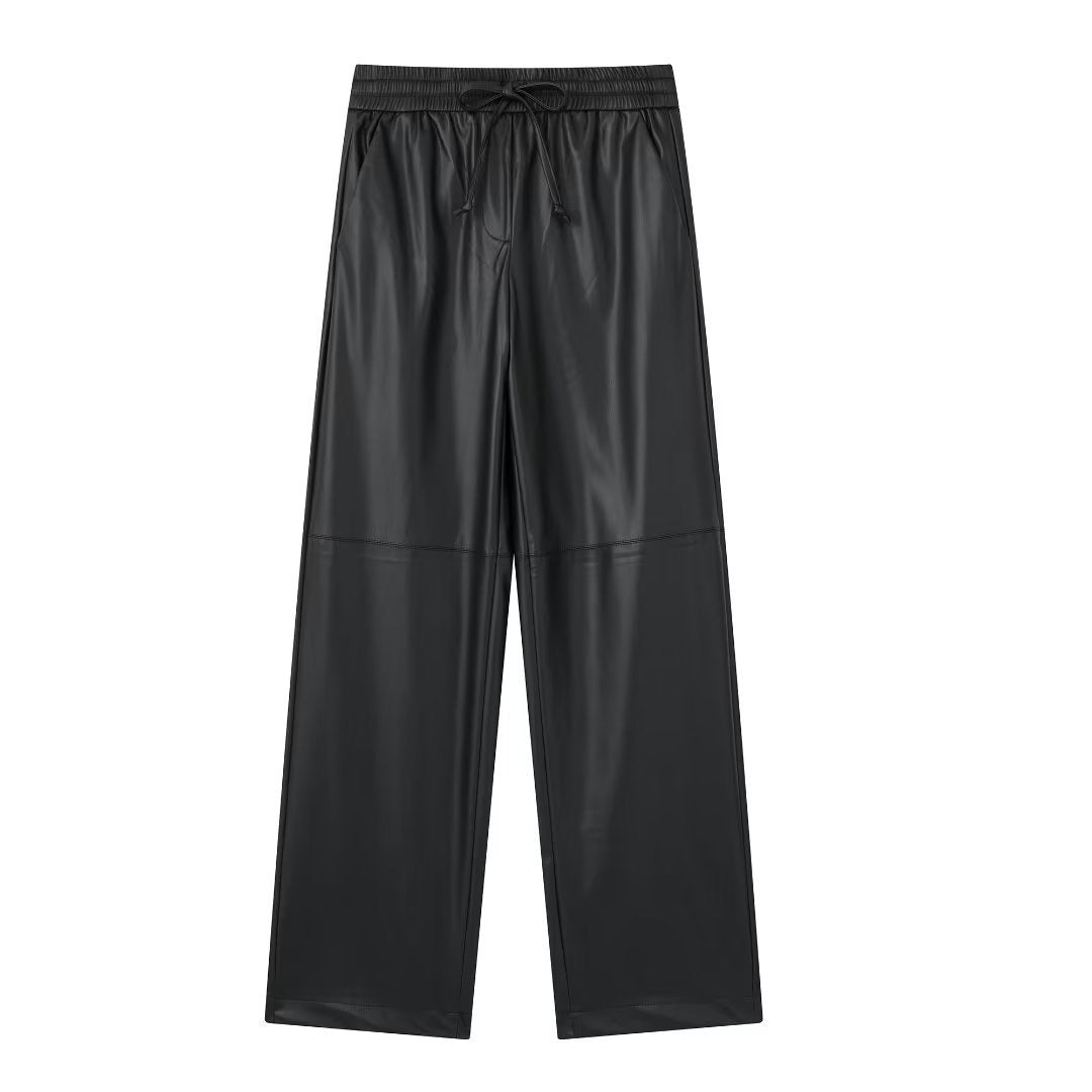 Autumn Fashion Women Elegant Side Pockets Drawstring Casual Joggings Long Pants Woman Black High Waist Faux Leather Pants